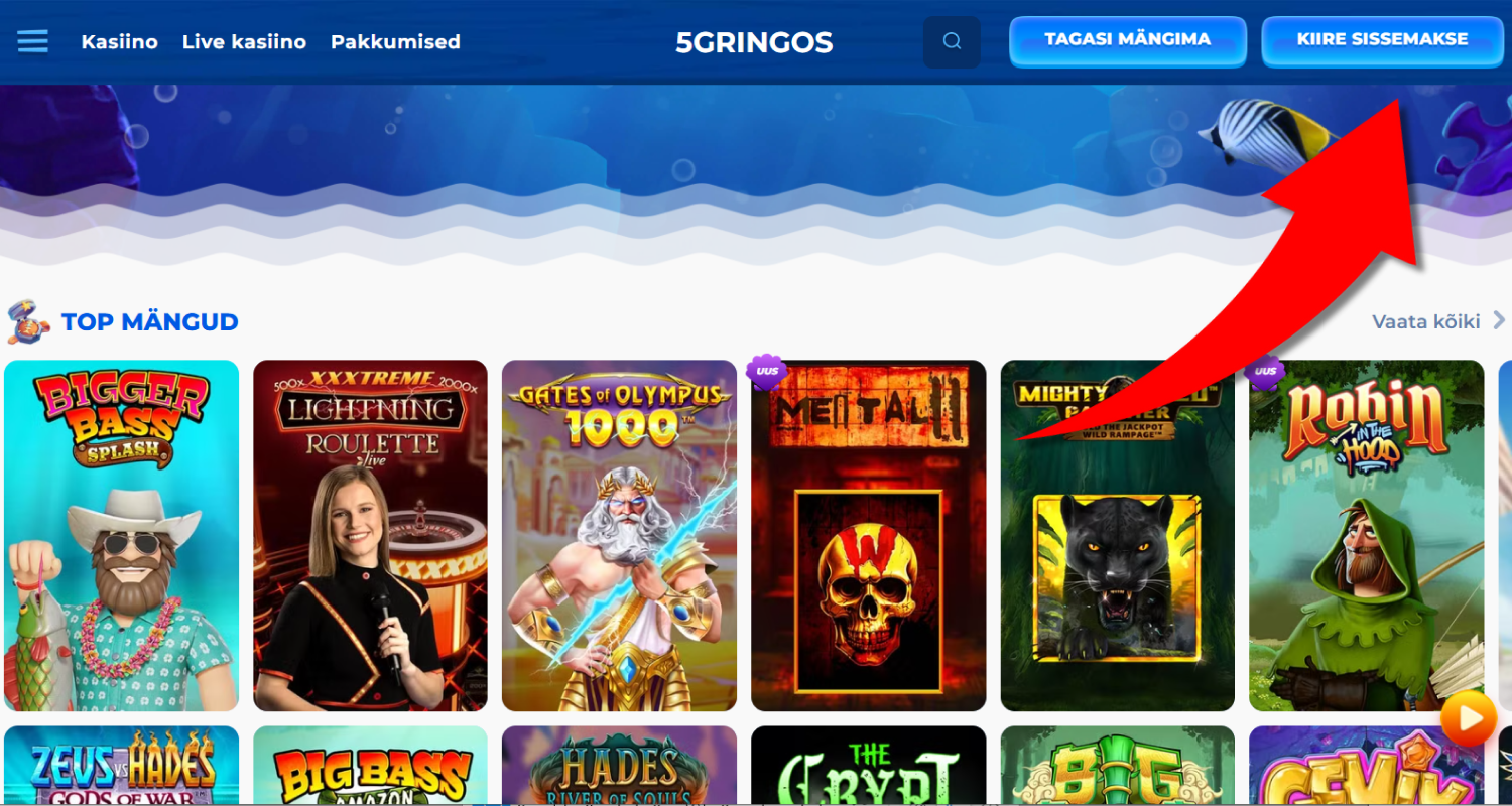 Vajutage ekraani ülaosas asuvale quick deposit nupule, mis avab sissemakse akna