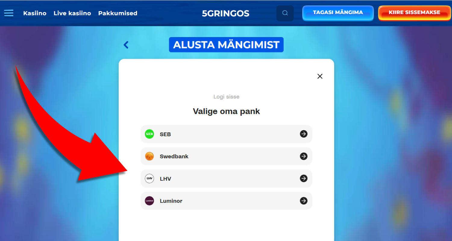 Avanevast pankade loendist valige soovitud pangaliides ja aktiveerige allservas olev valik