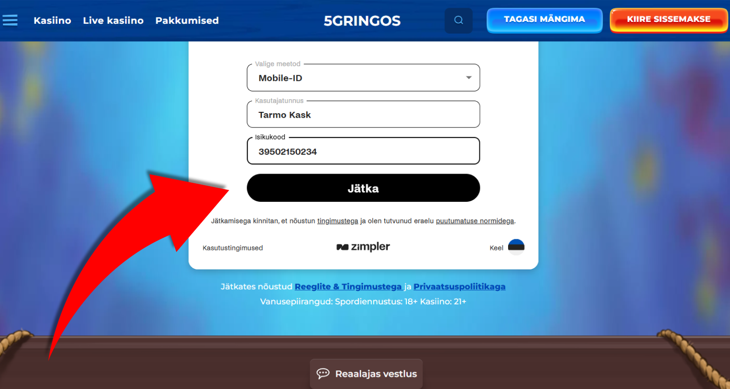 Sisselogimise kinnitamiseks vajutage jätka nupule, mis avab liidese ülekande ja deposiidi summa kinnitamiseks
