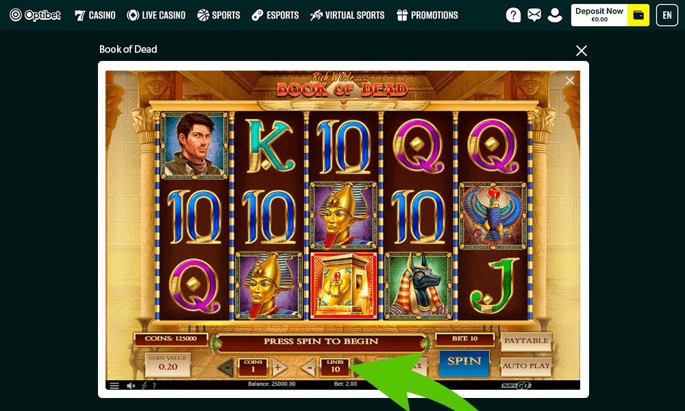 Valige panuse suurus mängus Book of Dead