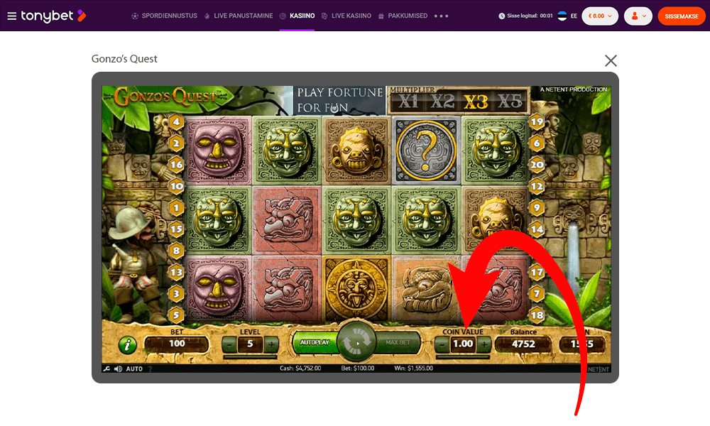 Valige panuse suurus mängus Gonzo's Quest