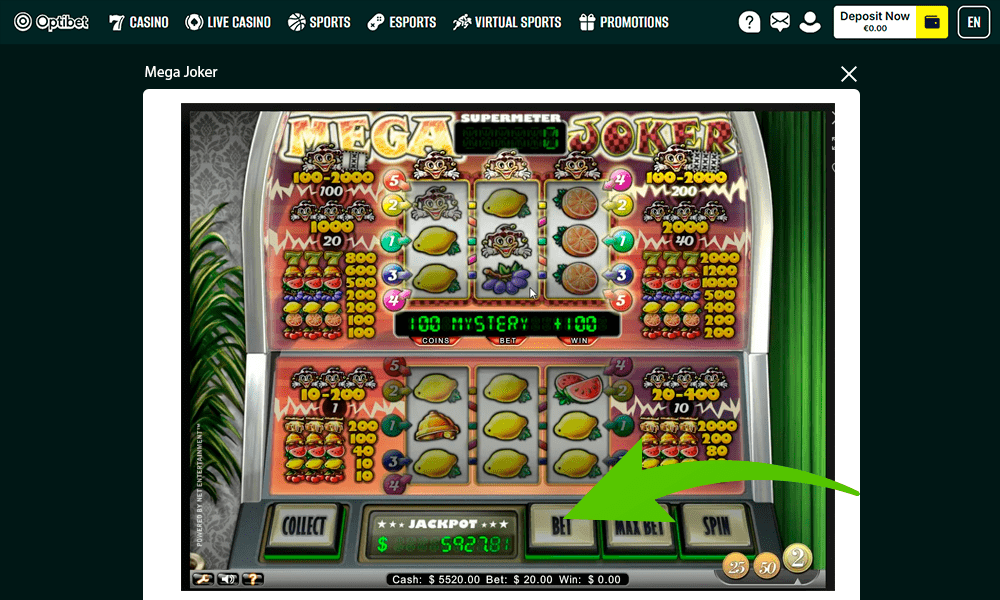 Valige panuse suurus mängus Mega Joker