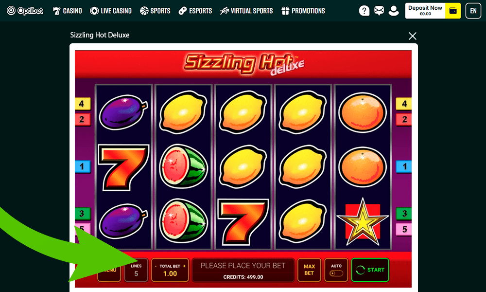 Valige panuse suurus mängus Sizzling Hot Deluxe