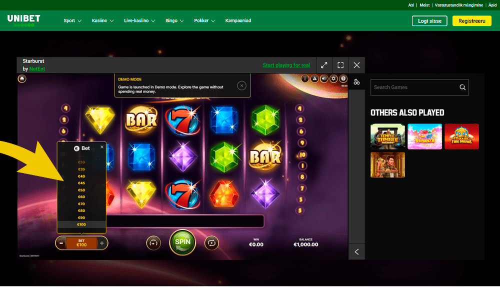 Valige panuse suurus mängus Starburst