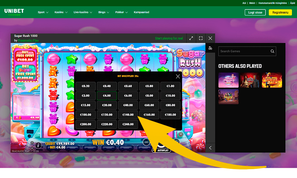 Valige panuse suurus mängus Sugar Rush 1000