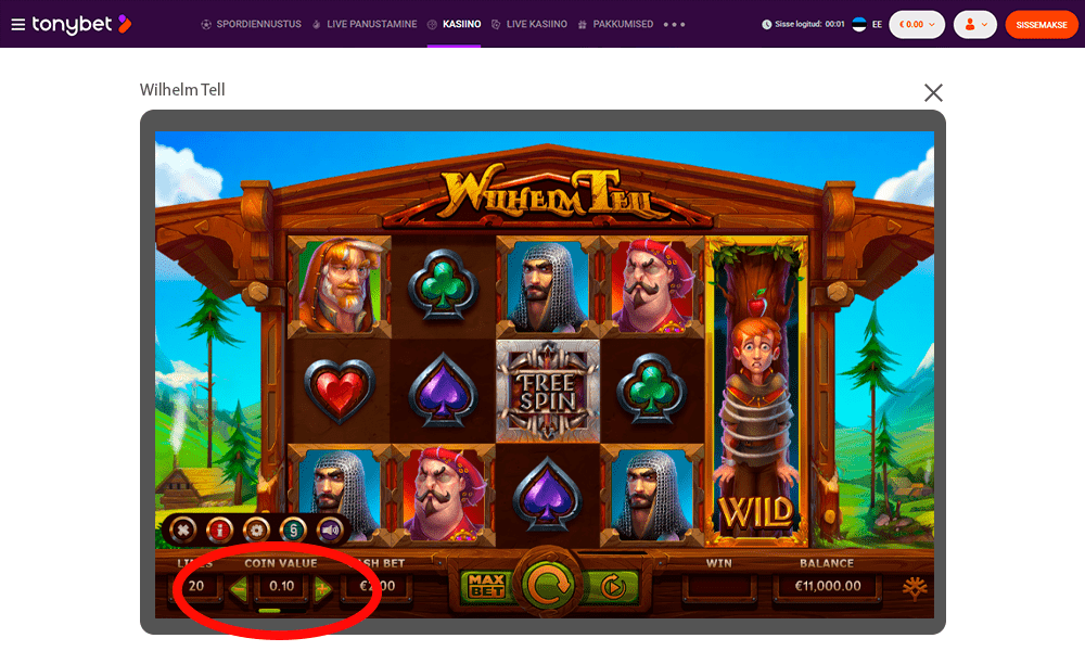 Valige panuse suurus mängus Wilhelm Tell