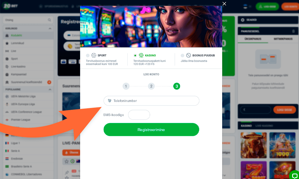 Sisestage 20Bet registreerimiseks oma telefoninumber