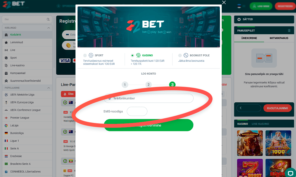 Sisestage 22bet registreerimiseks oma telefoninumber