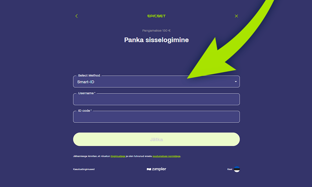 Epicbet registreerimiseks sisestage pangarekvisiidid