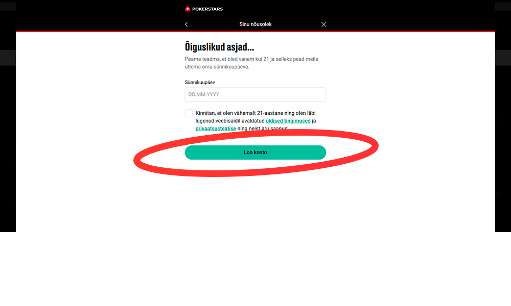 Kinnitage oma registreerumine PokerStars