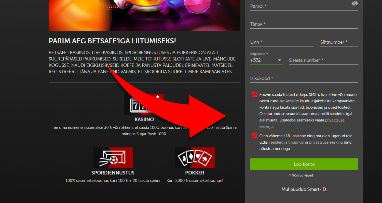 Enne registreerimist tutvuge allpool olevate kasiino reeglitega ja märkige nõusoleku kast