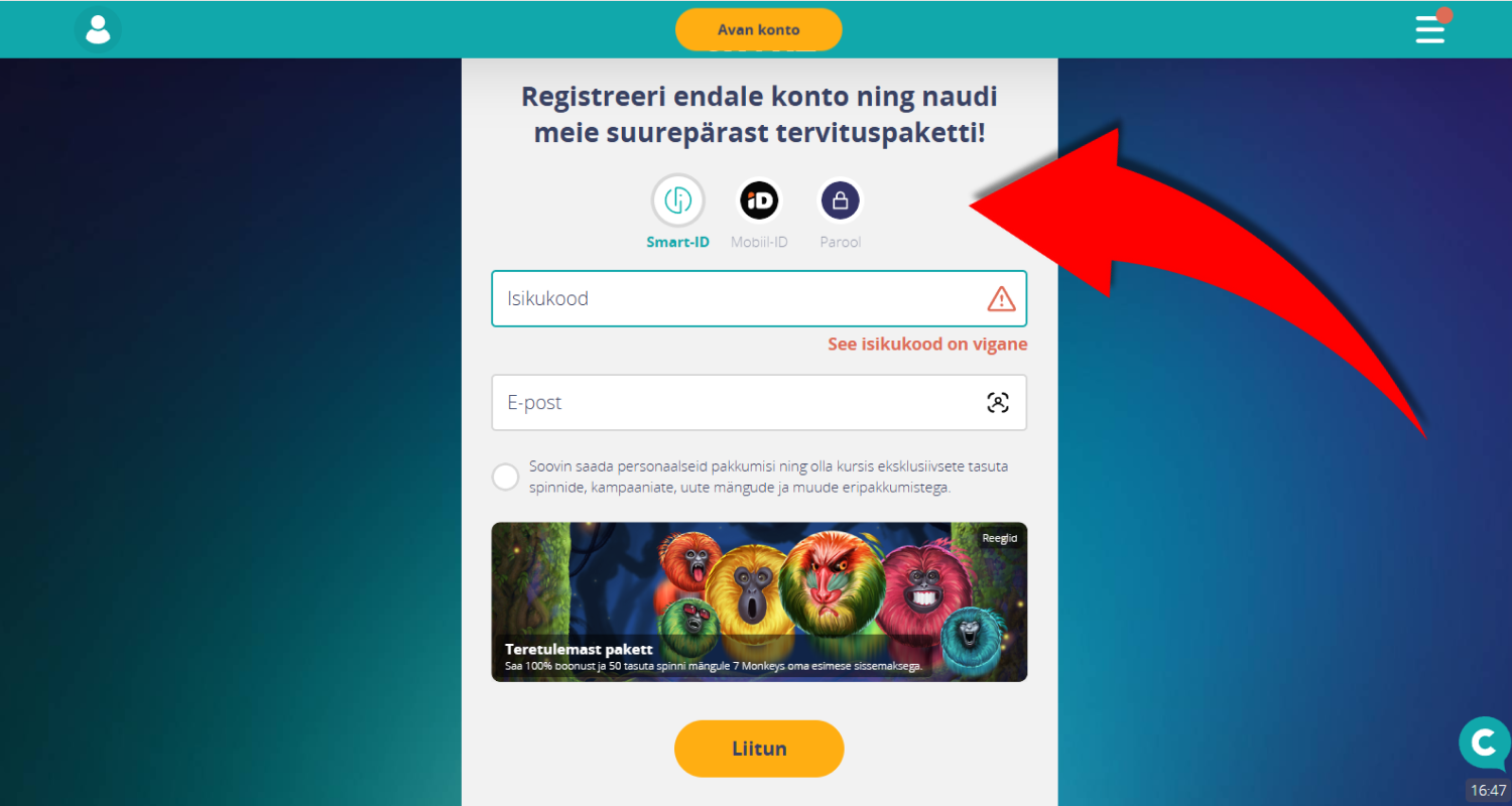 Valige sisselogimise viis: smart id, mobile id või tavaline registreerimine