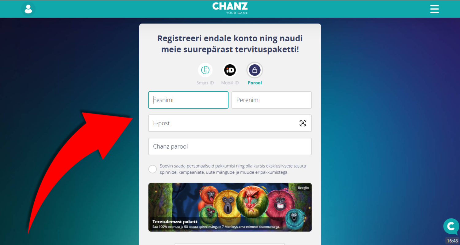 Klassikalise registreerimise korral täitke tühjad väljad oma ees- ja perekonnanime, e-posti ning parooliga