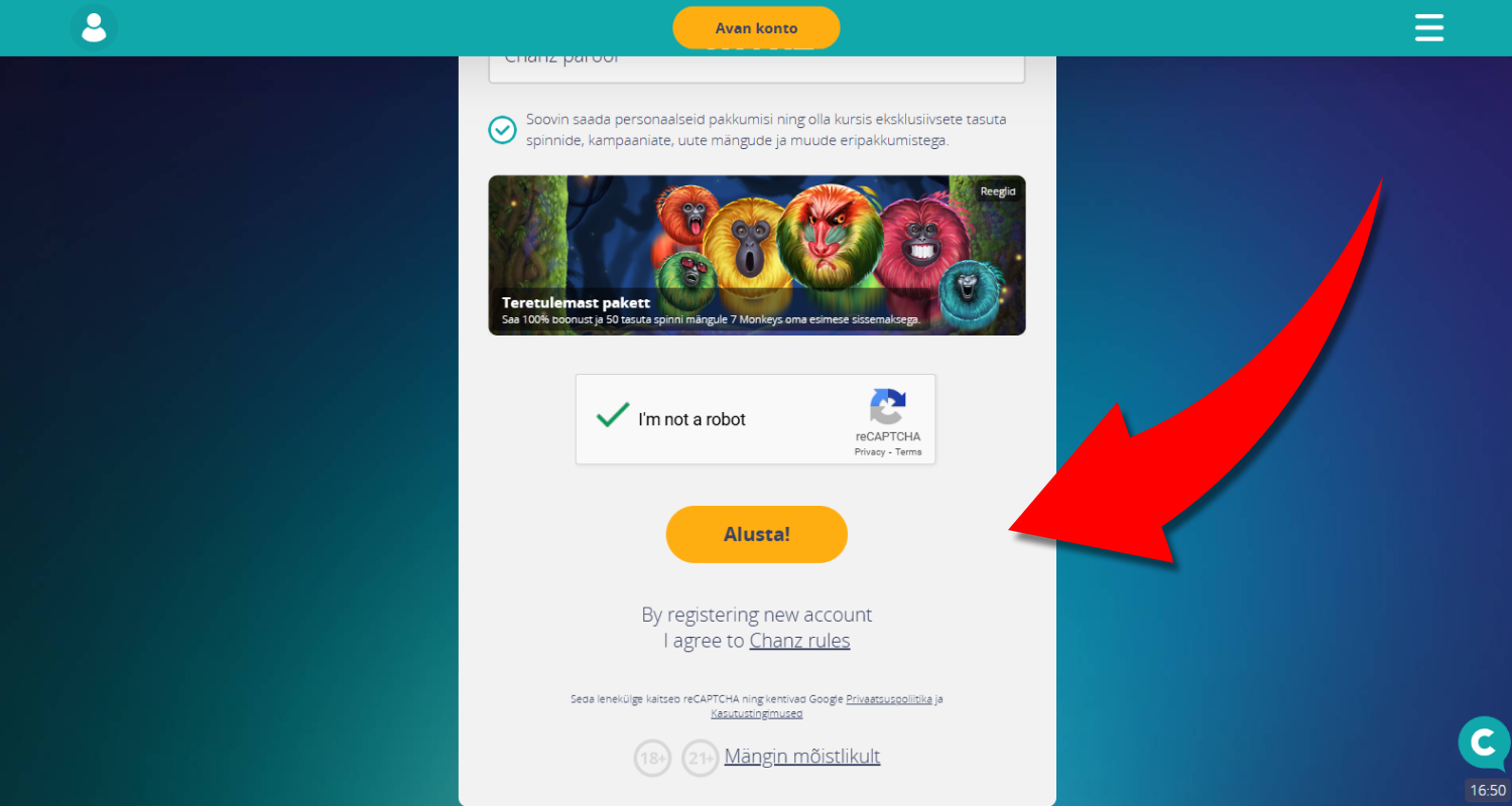Konto loomise lõpetamiseks vajutage lehe allservas asuvat aktiveerimisnuppu