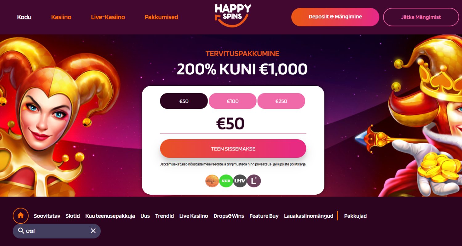Avage HappySpins kasiino lehekülg, sisestades nende veebiaadressi oma brauserisse