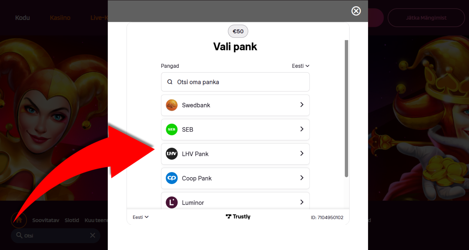 Valige makseviis ja täitke oma andmed (nimi, konto number, e-post, telefon), seejärel vajutage allolevale nupule