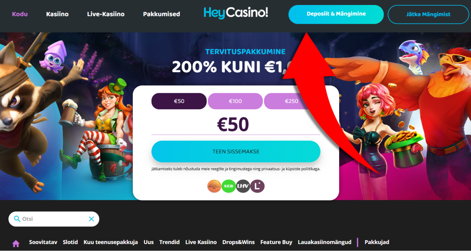 Pärast lehe laadimist vajutage ekraani ülaosas asuvale Deposit&Play nupule