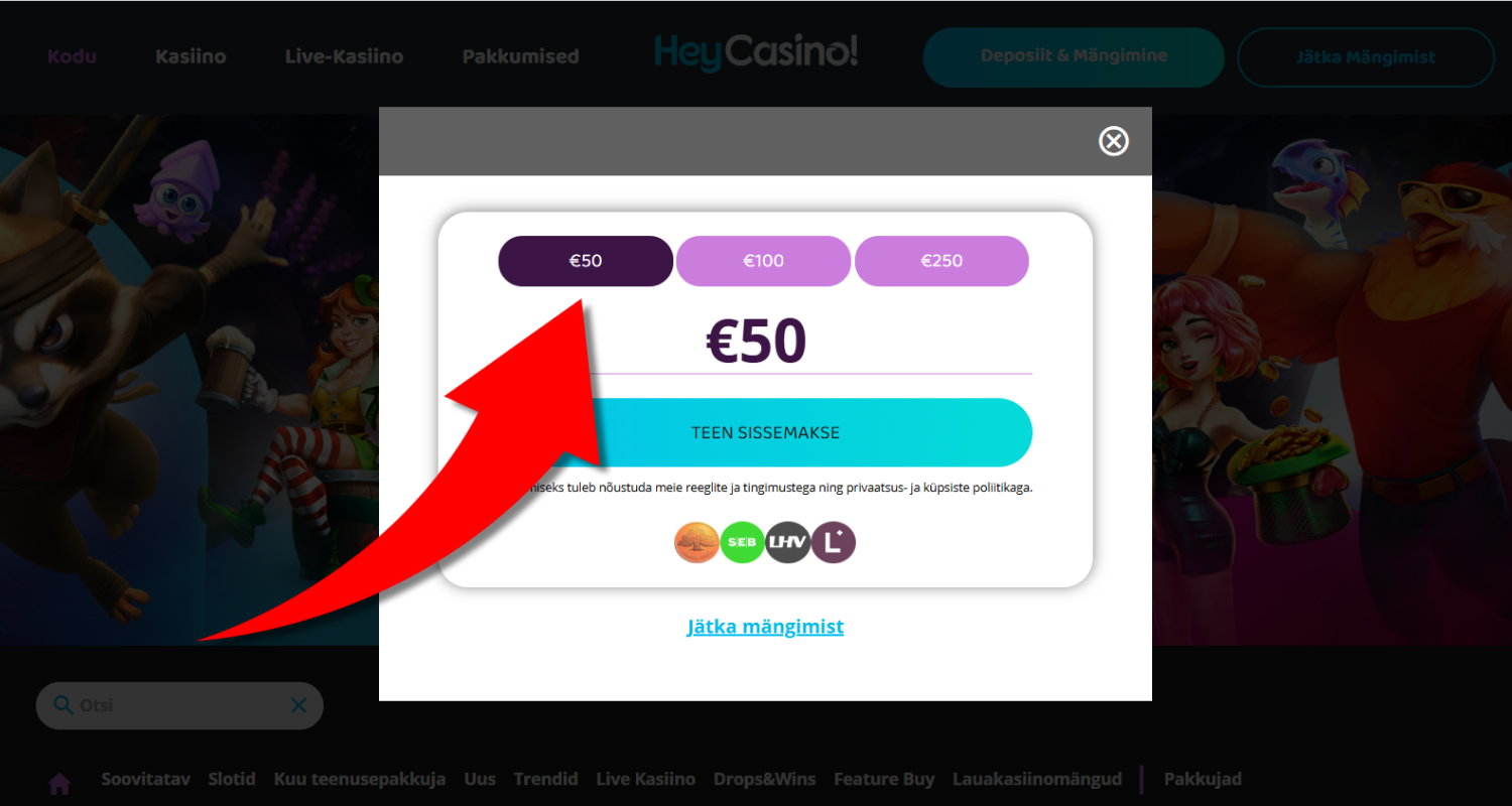 Valige deposiidisummaks vähemalt 20 eurot ja vajutage kinnitusnupule