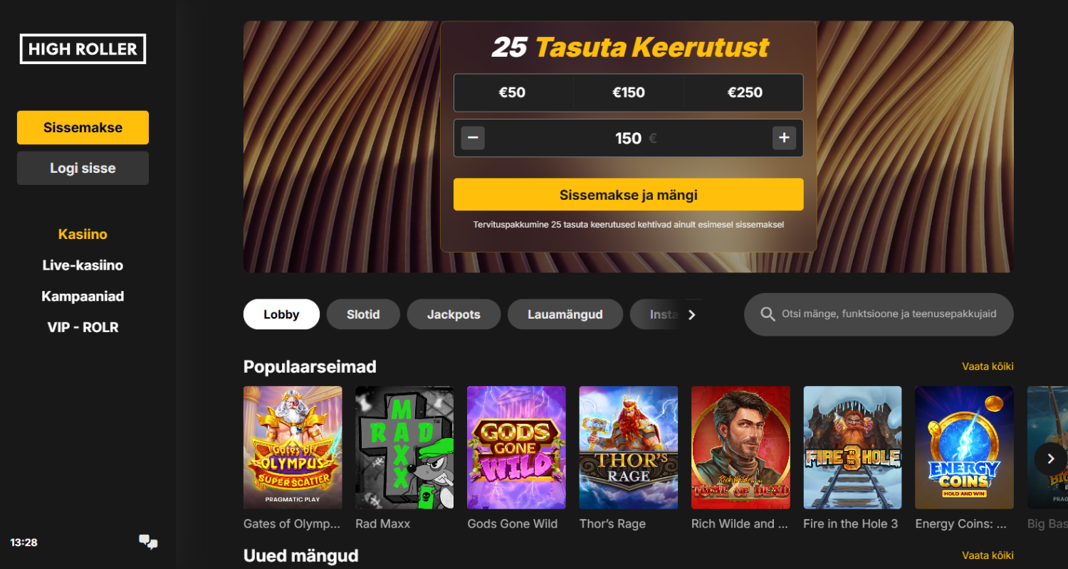 Avage Highroller kasiino veebileht ja oodake kasutajaliidese täielikku laadimist