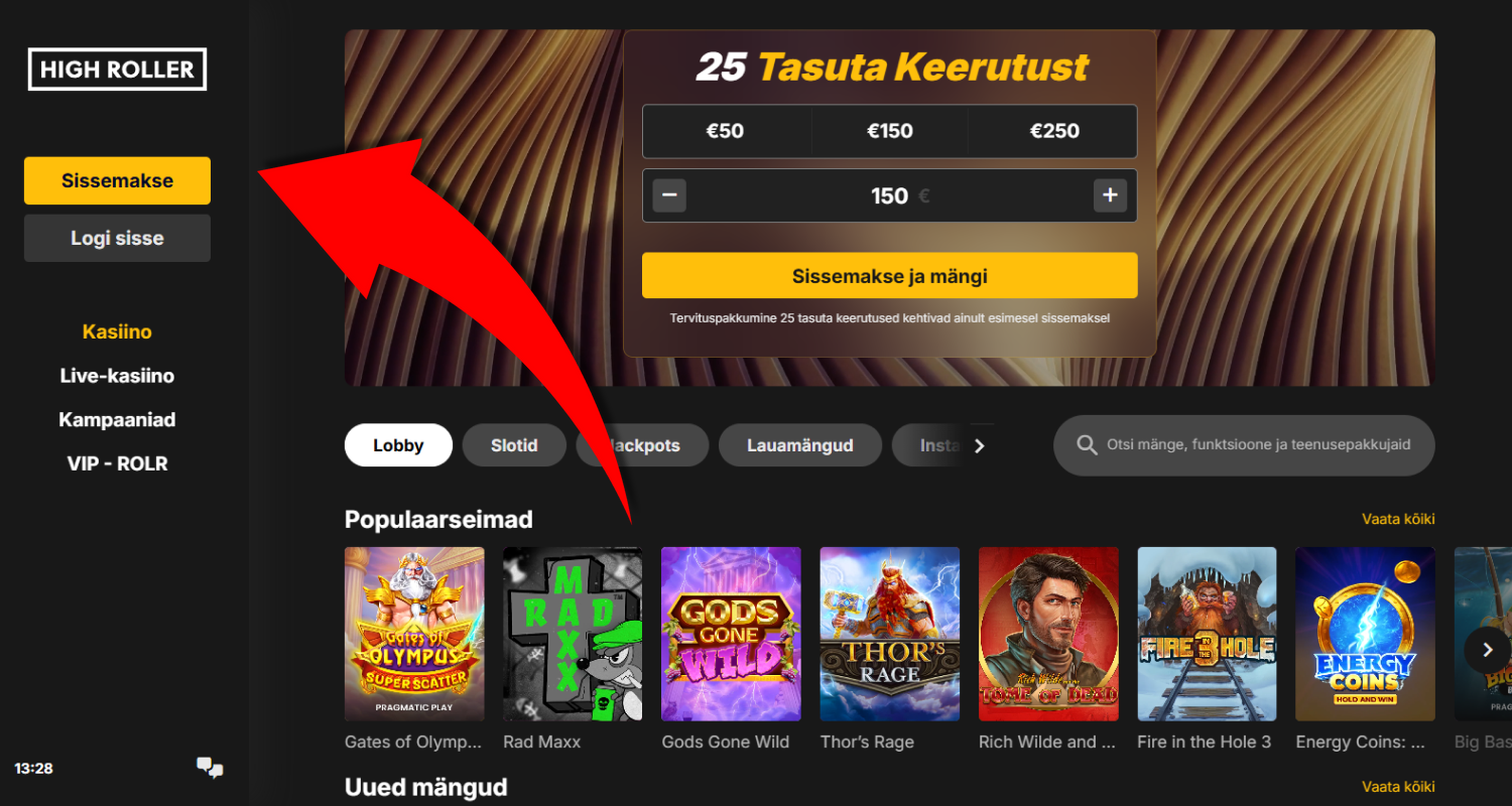 Otsige kasutajaliidese vasakult poolt kollast Deposit ala ja vajutage sellele