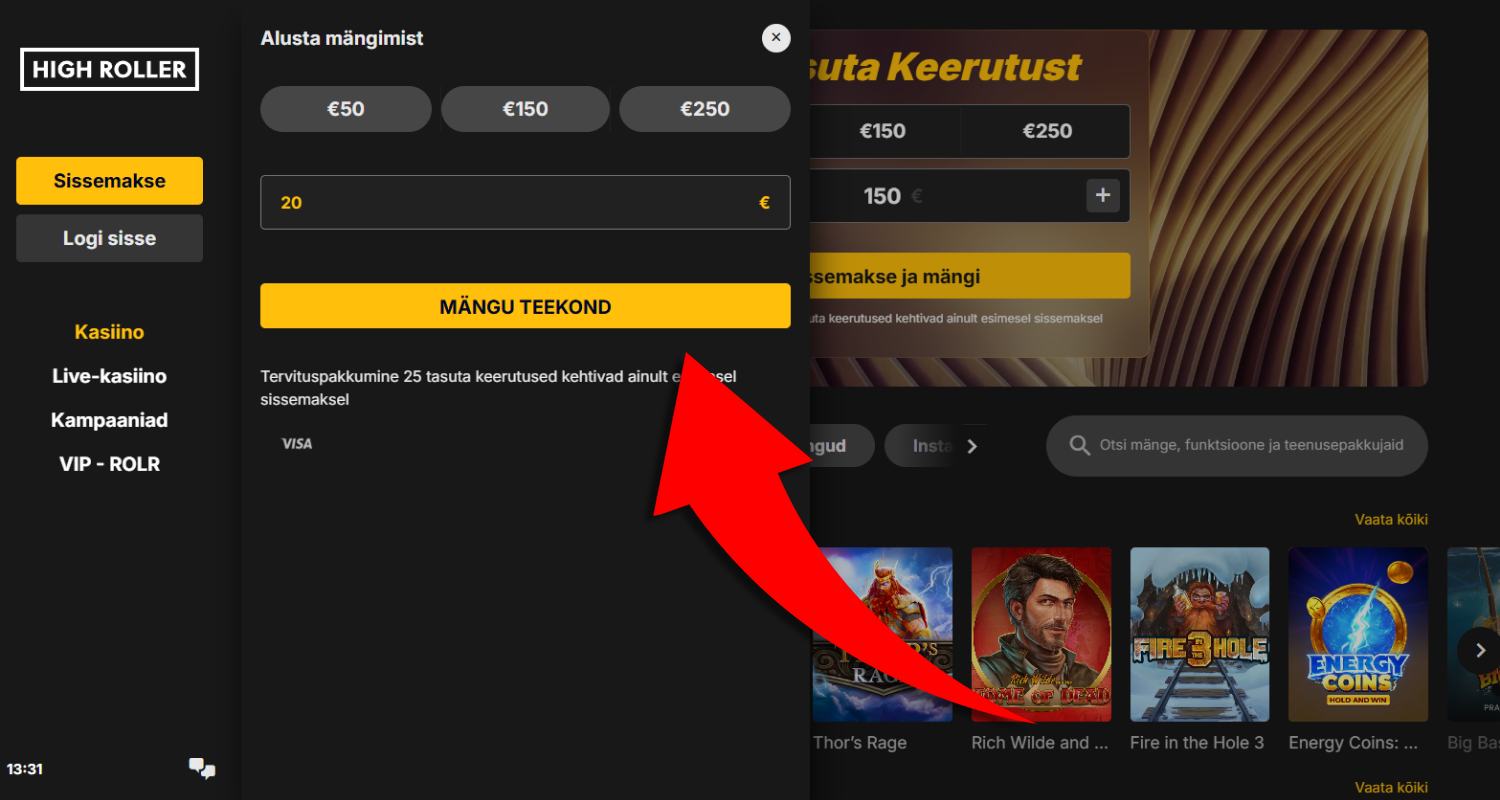 Sisestage lahtrisse sissemakse summa alates 20 EUR ja valige kollane Game Journey ala