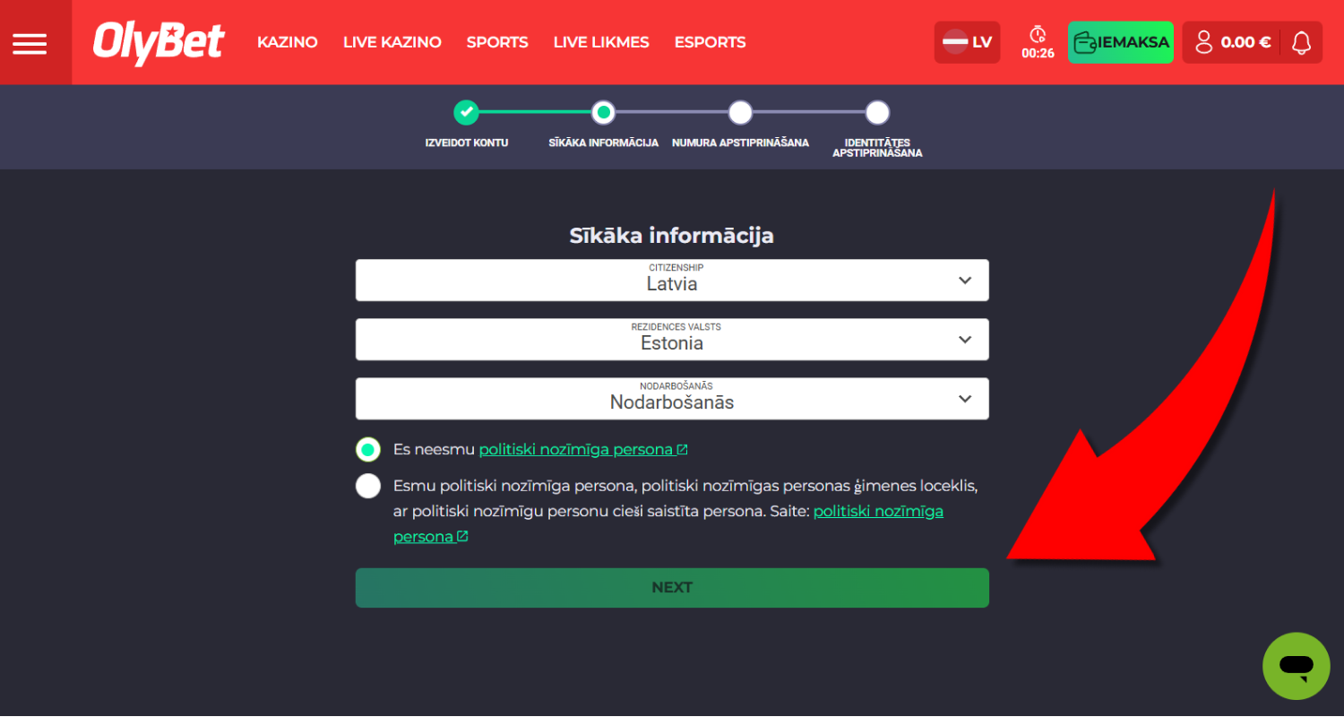 Valige oma kodakondsus, elukoht, tegevusala ja kinnitage, et te ei ole poliitiliselt seotud isik