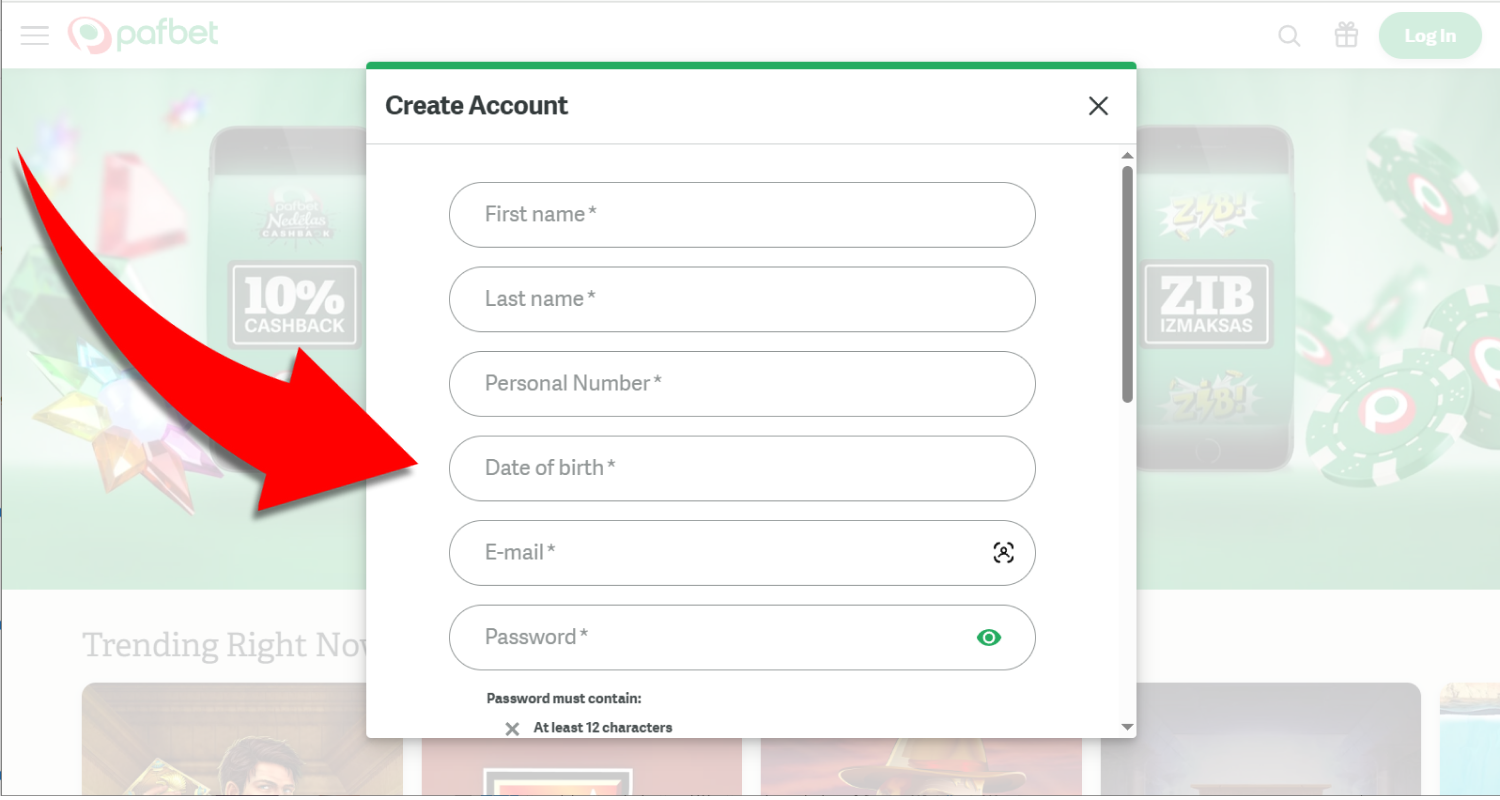 Täitke menüüs kõik nõutud väljad - ees- ja perekonnanimi, isikukood, sünnikuupäev, e-post, telefon ja turvaparool