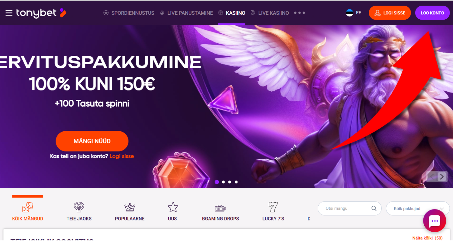 TonyBet kodulehele jõudes klõpsake paremas ülanurgas olevale lillakale registreerimisnupule
