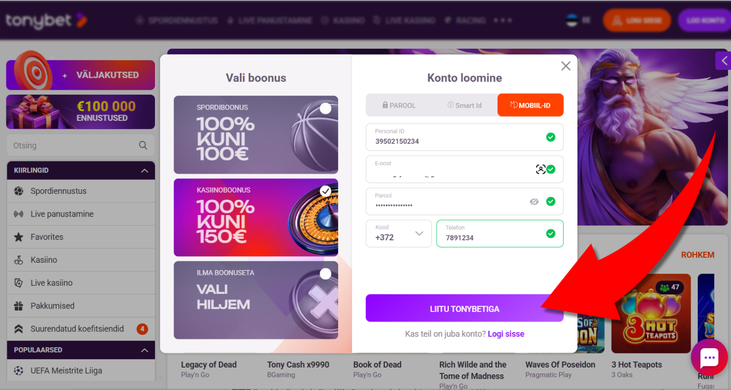 Lugege läbi hasartmängusaidi reeglid ja kinnitage nõusolek, märkides täisealisuse ruut