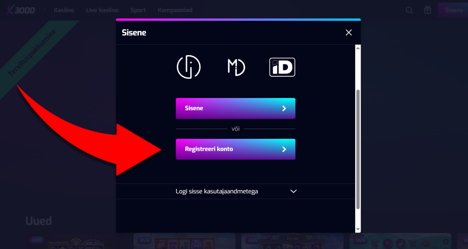 Avanenud menüüst tuleb valida konto loomine ning seejärel identifitseerimisviis