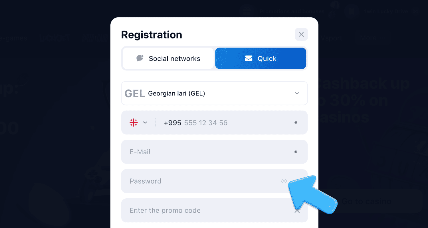 შეიყვანეთ პერსონალური მონაცემები და პრომო კოდი 1win-ზე საქართველოში რეგისტრაციისას