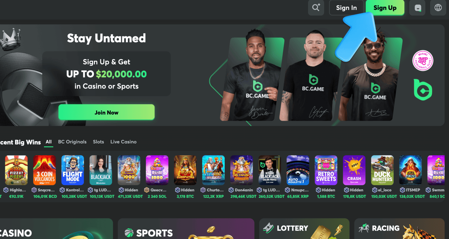 გახსენით BC.Game Georgia-ს ვებსაიტი და დააჭირეთ რეგისტრაციის ღილაკს