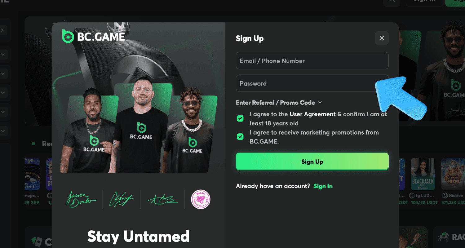 აირჩიეთ სასურველი რეგისტრაციის მეთოდი BC.Game Georgia-ს ვებსაიტზე