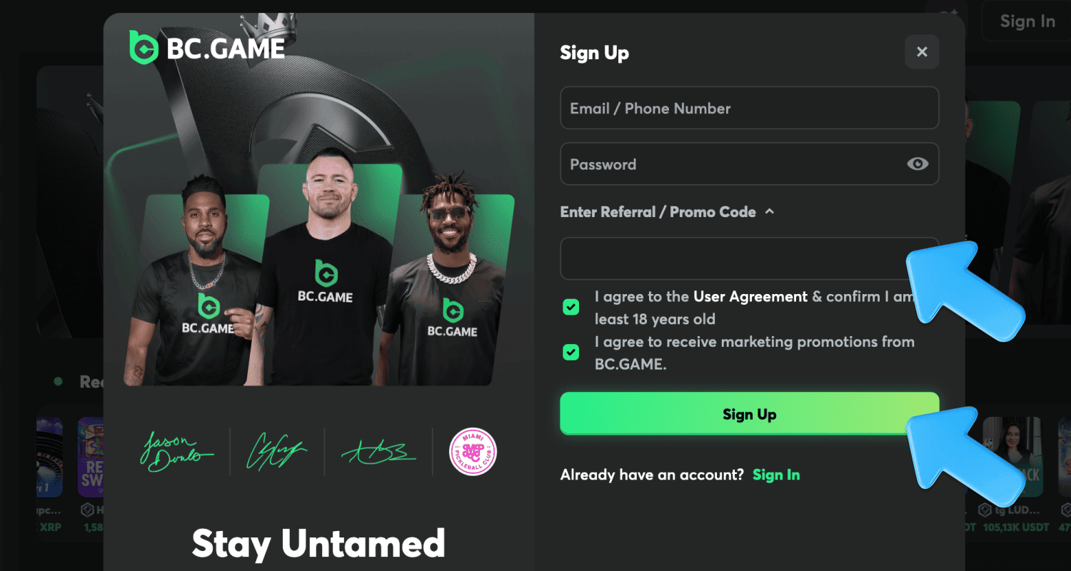 შეავსეთ რეგისტრაციის ფორმა BC.Game Georgia-ზე