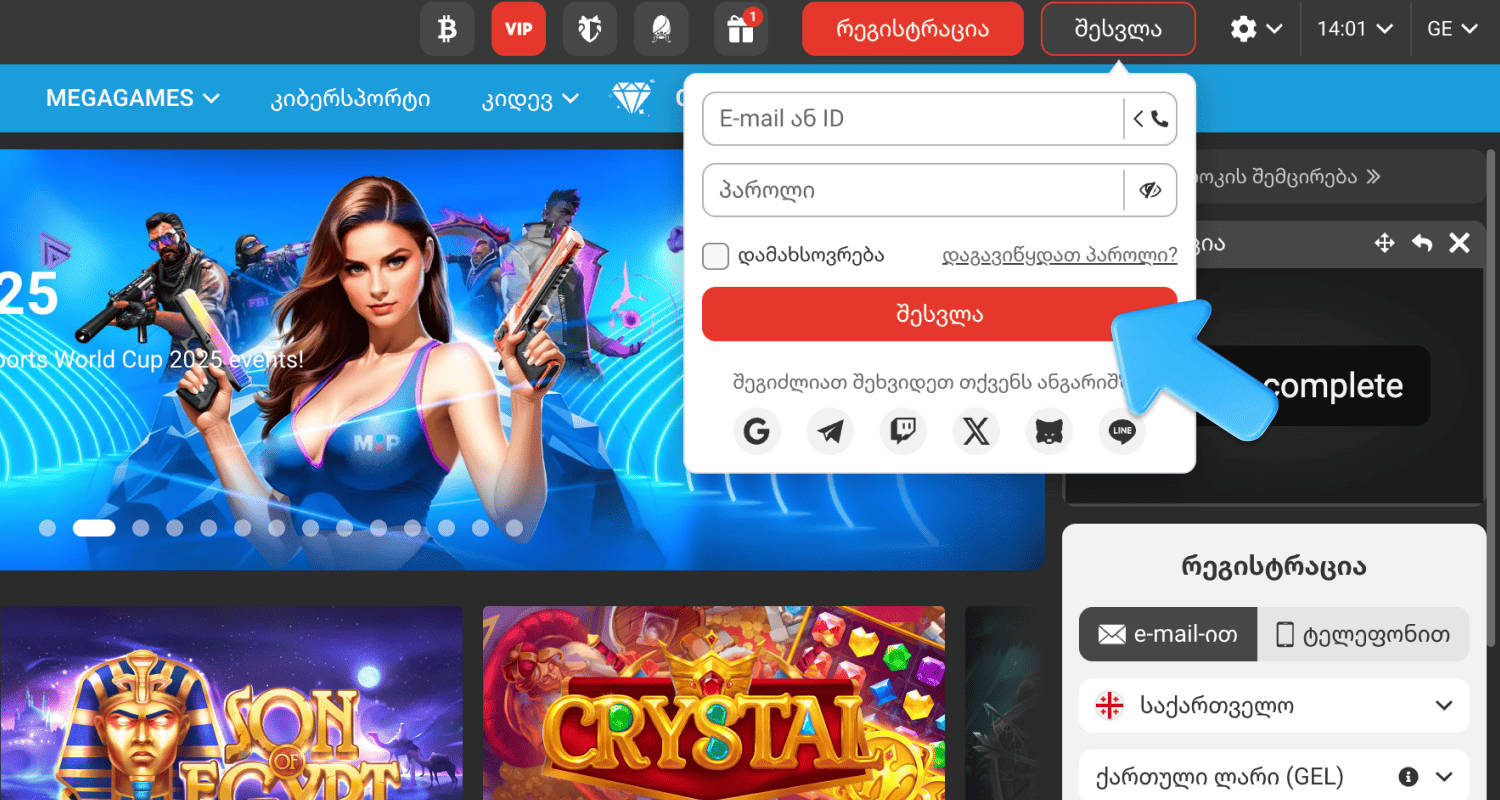 შედით თქვენს Megapari Georgia-ს ანგარიშზე