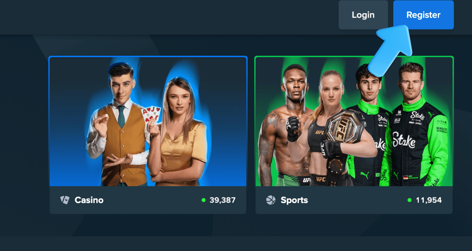 გახსენით Stake Georgia-ს ვებსაიტი და დააჭირეთ რეგისტრაციის ღილაკს