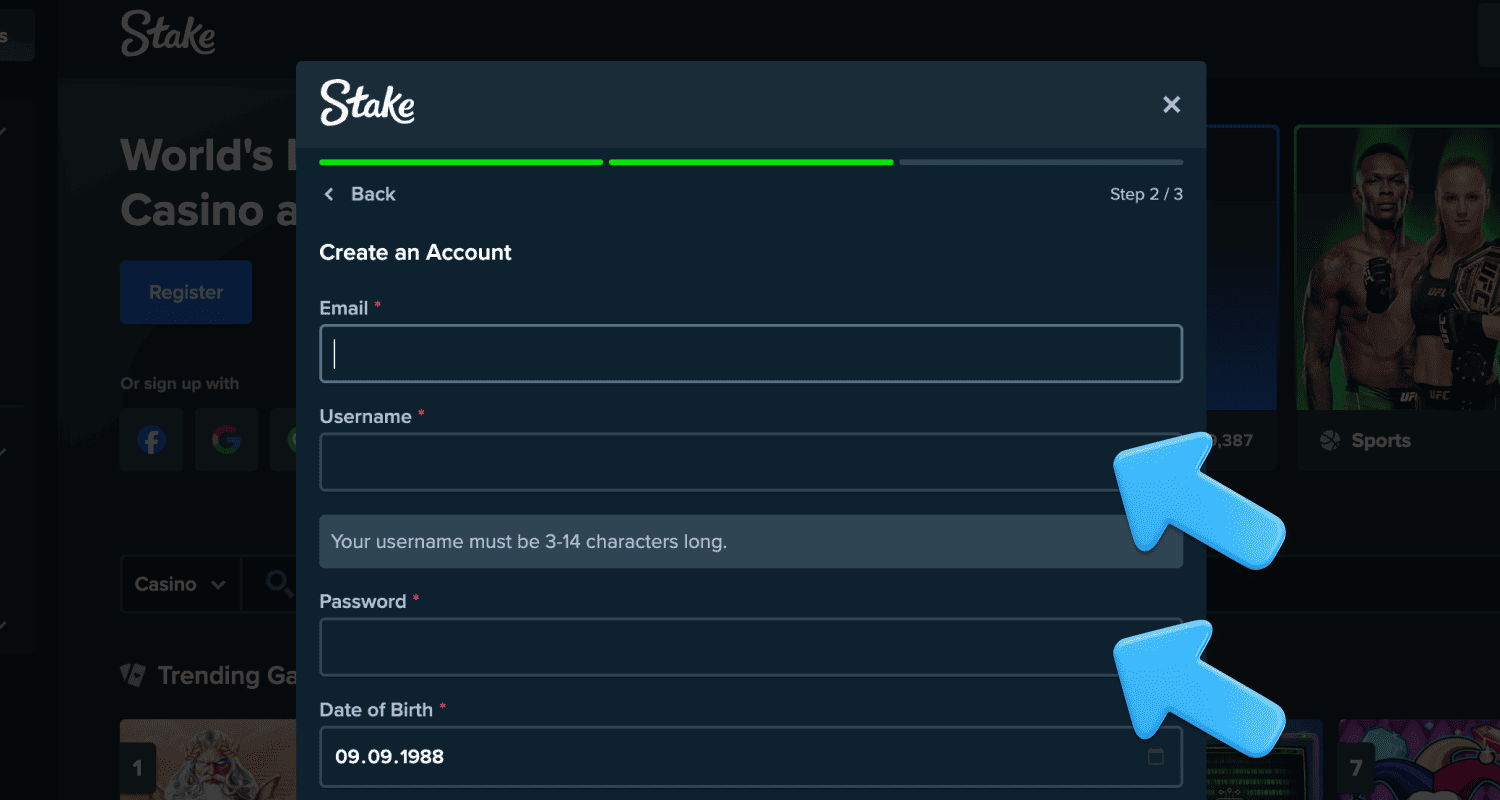 შეიყვანეთ თქვენი მონაცემები Stake Georgia-ზე რეგისტრაციისთვის.