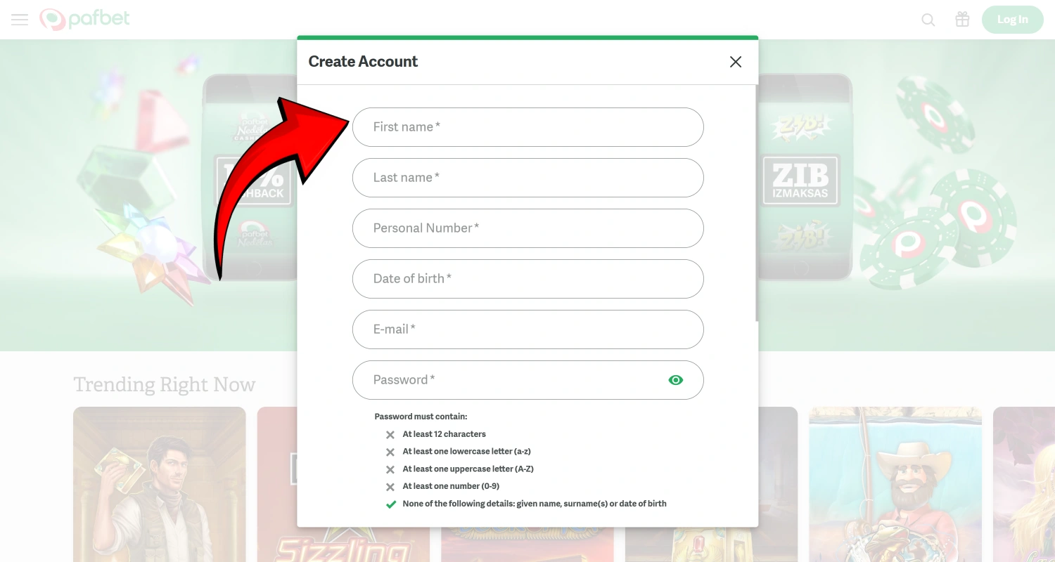 Συμπληρώστε τη φόρμα εγγραφής PafBet