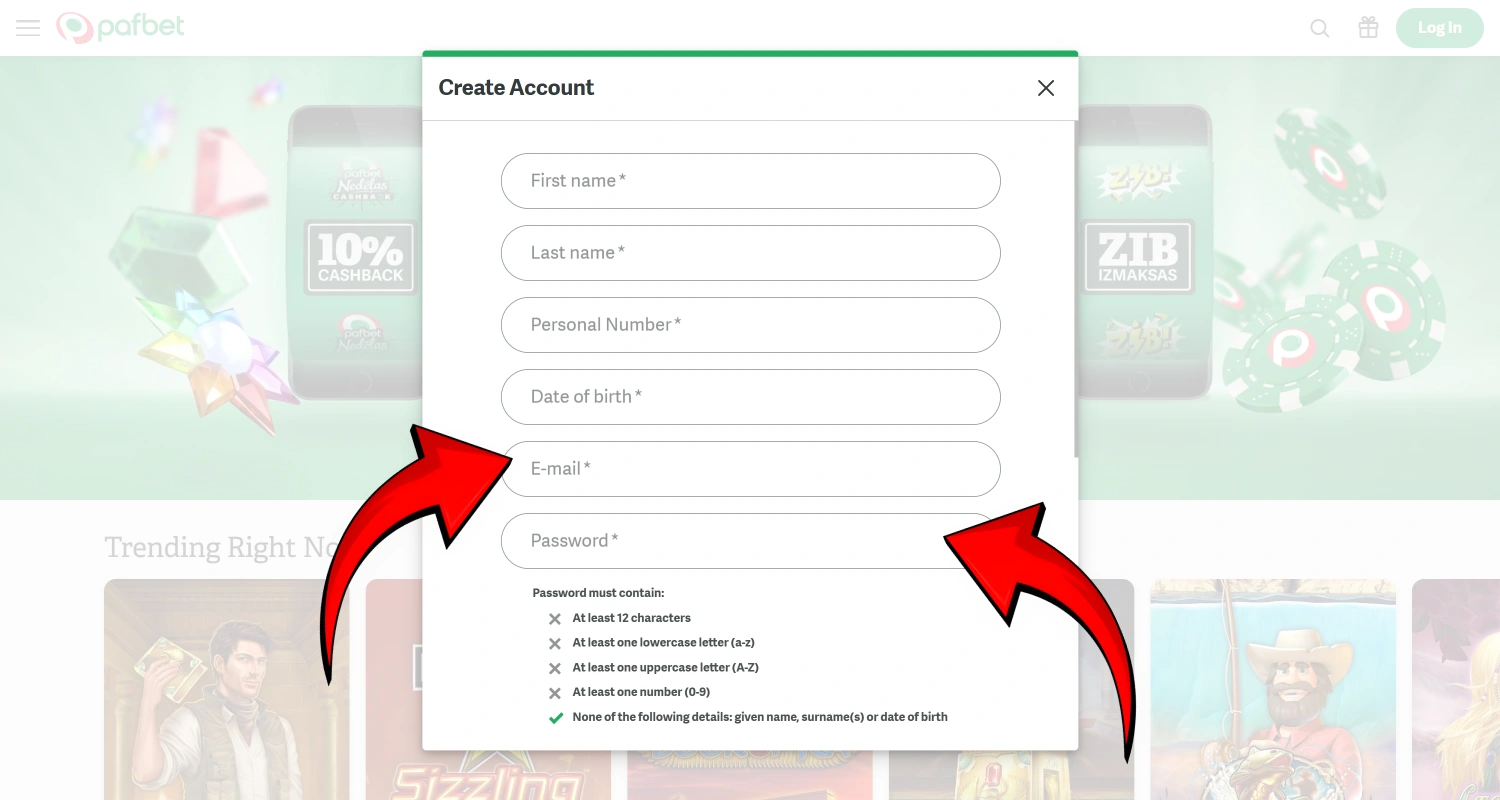 Εισάγετε τη διεύθυνση ηλεκτρονικού ταχυδρομείου και δημιουργήστε έναν κωδικό πρόσβασης για τον λογαριασμό σας στο PafBet