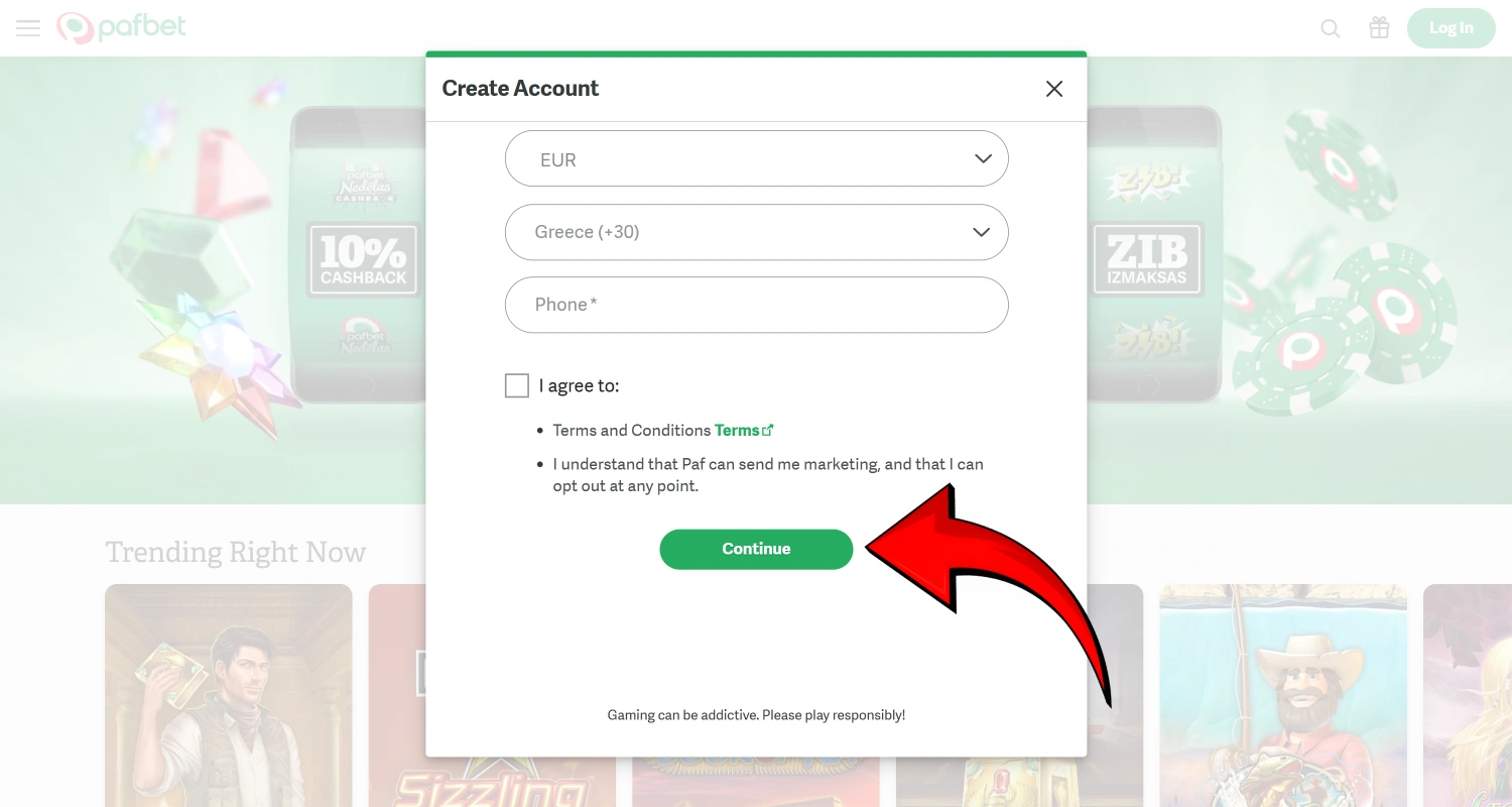 Ολοκληρώστε την εγγραφή σας στον ιστότοπο του καζίνο PafBet