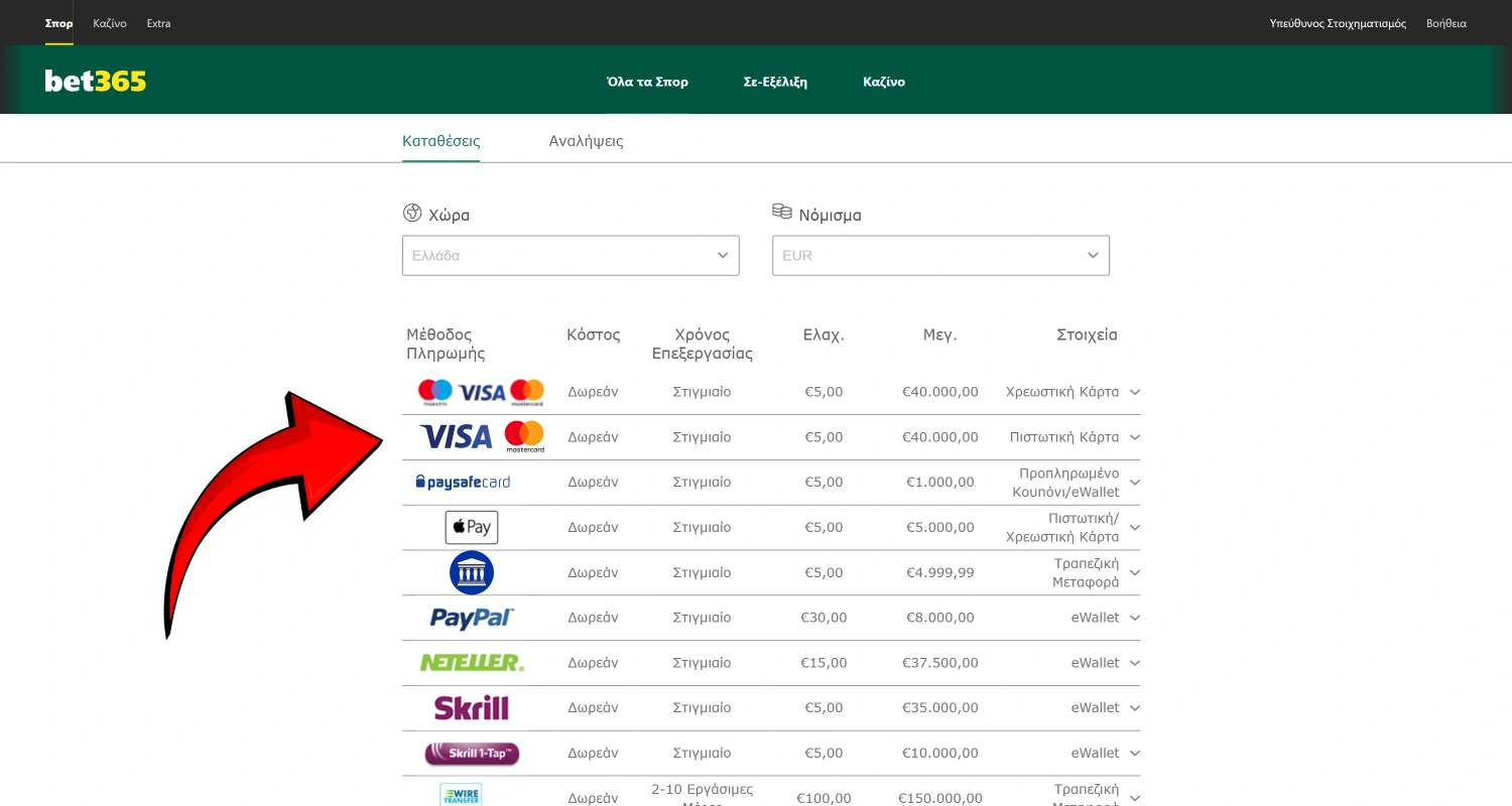 Καταθέστε χρήματα στον λογαριασμό σας στο διαδικτυακό καζίνο Bet365