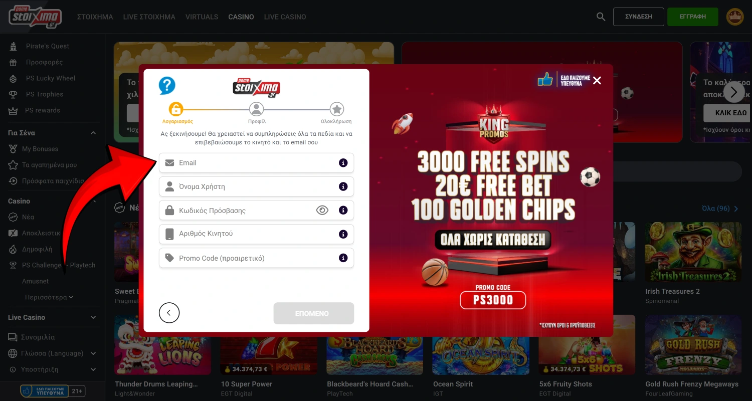 Συμπληρώστε τα στοιχεία σας στη φόρμα εγγραφής Pamestoixma