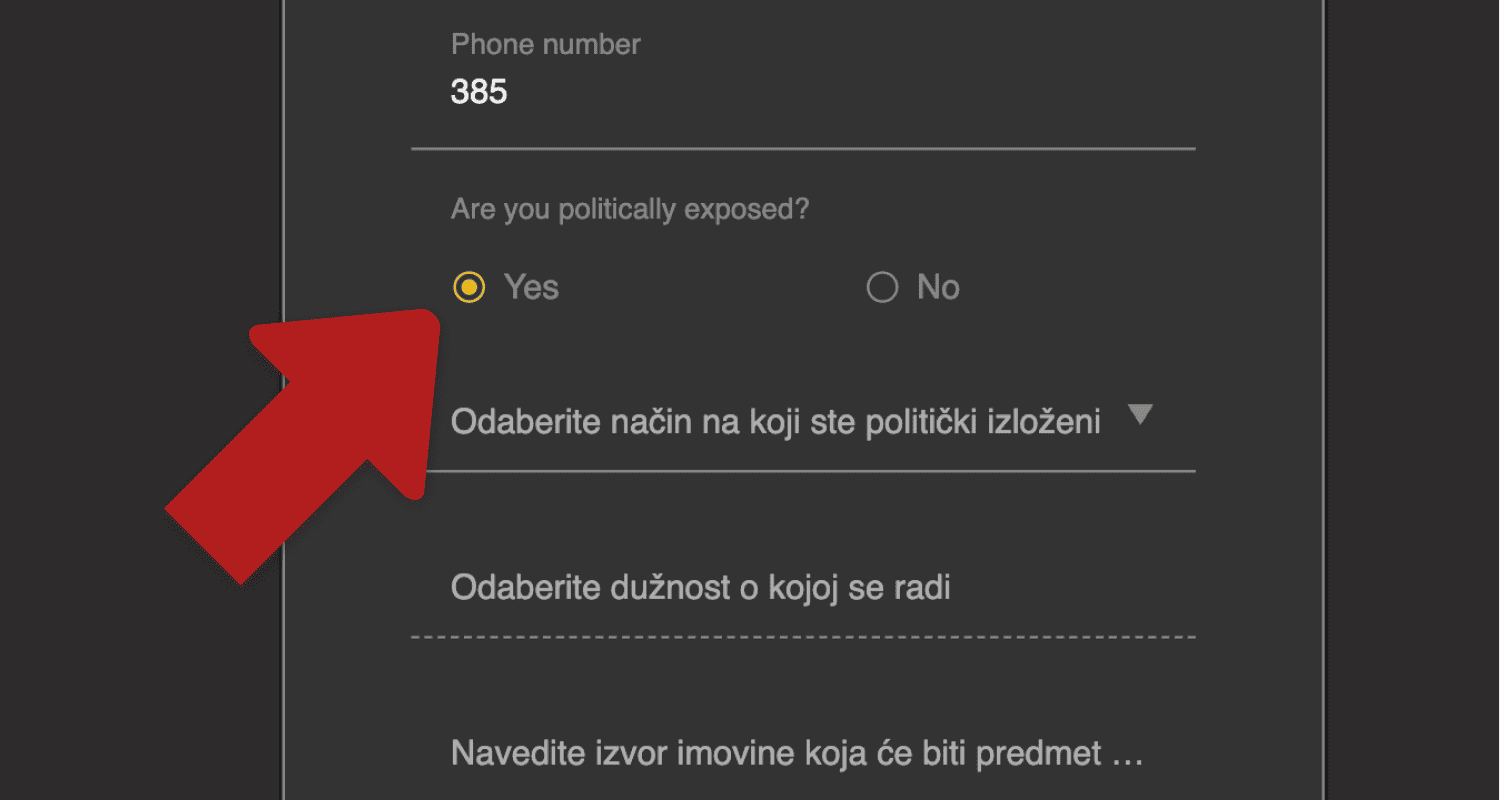 Označite okvir za politički značaj prilikom registracije na web stranici Germania Casina