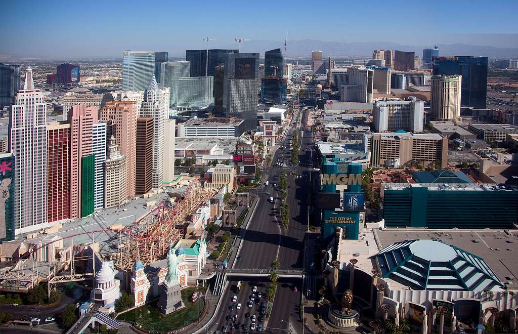 Aerial view of the Las Vegas Strip looking north, with MGM Grand on the right and New York-New York on the left