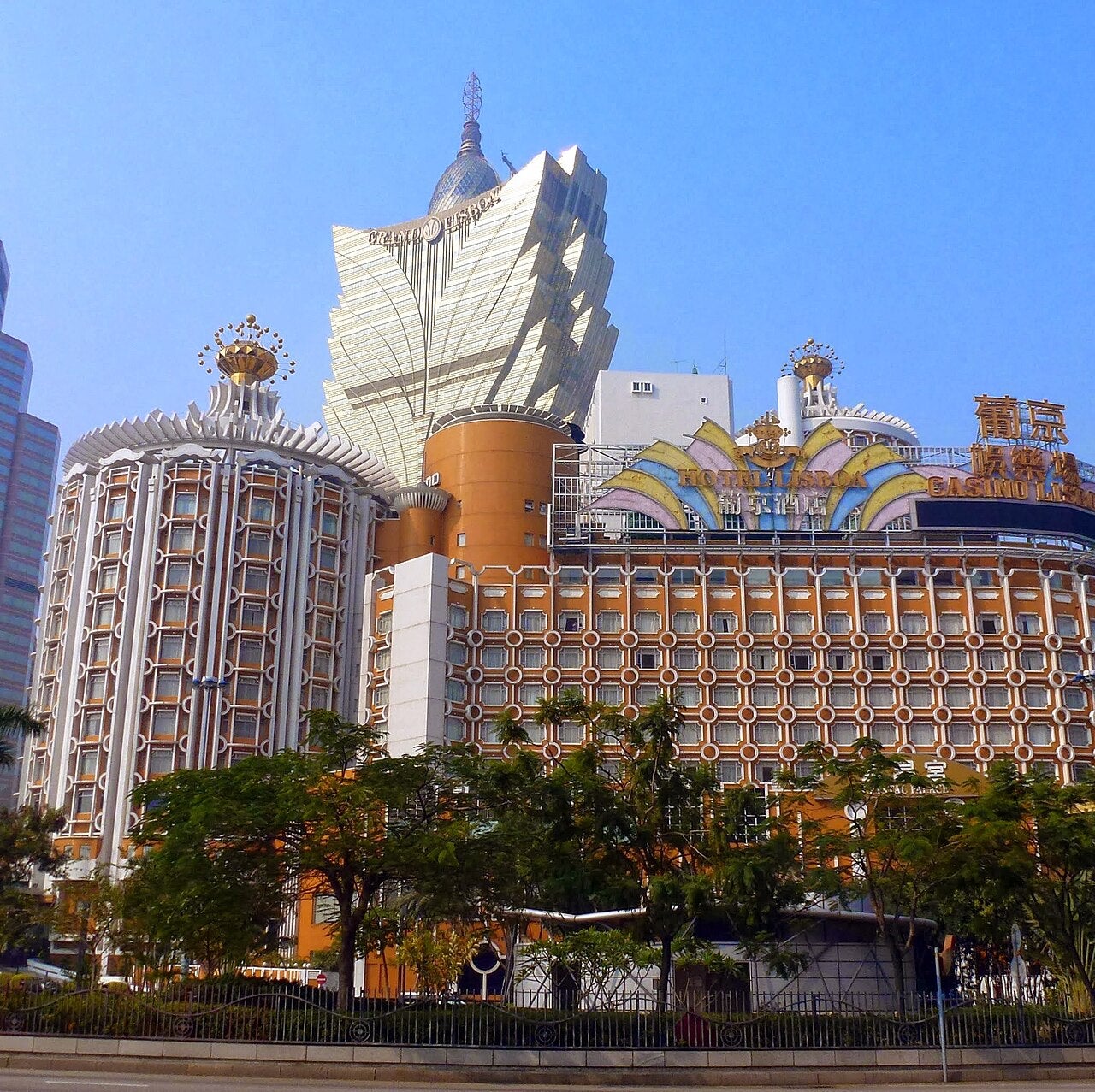 Hotel Lisboa and Casino Lisboa in Macau, with the Grand Lisboa tower rising behind them