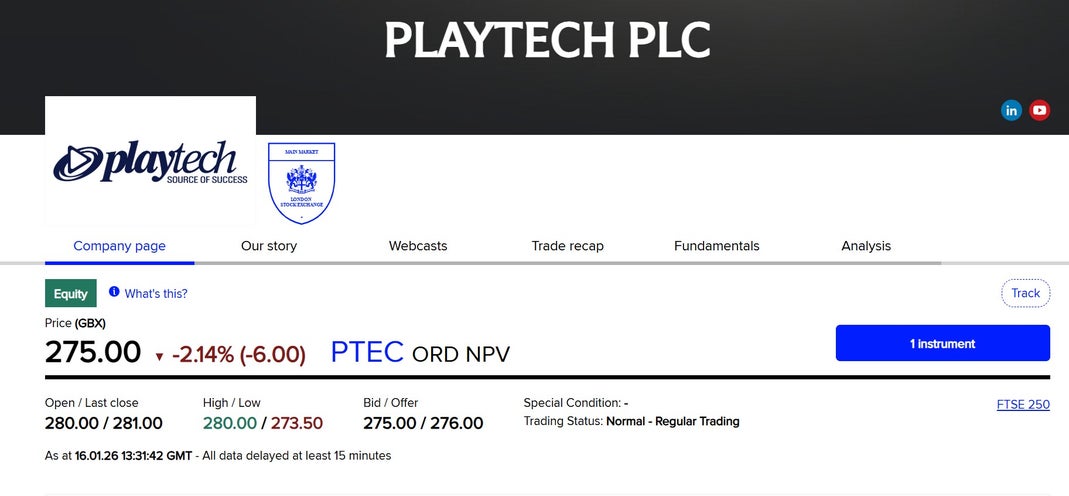 An image of Playtech's share price on 16 Jan 2026