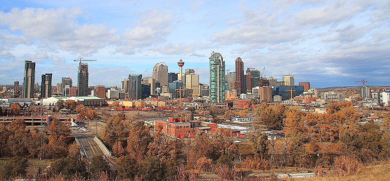Calgary, Alberta Downtown Skyline and Cityscape View Panoramic view of downtown Calgary skyline with modern high-rise buildings and urban landscape