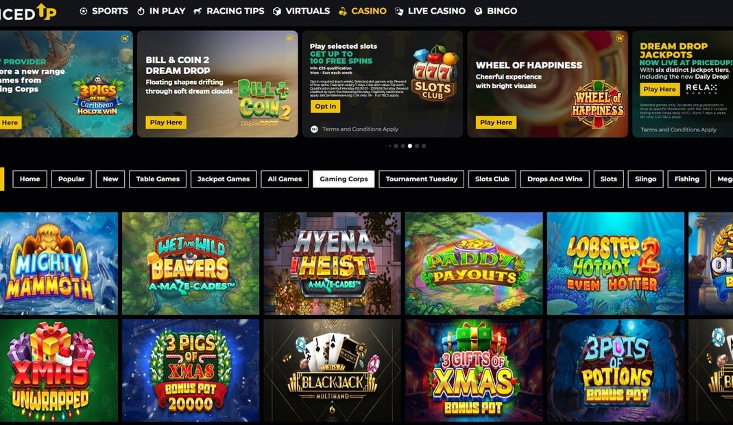 A screenshot of Priced Up casino showing Gaming Corps games listed