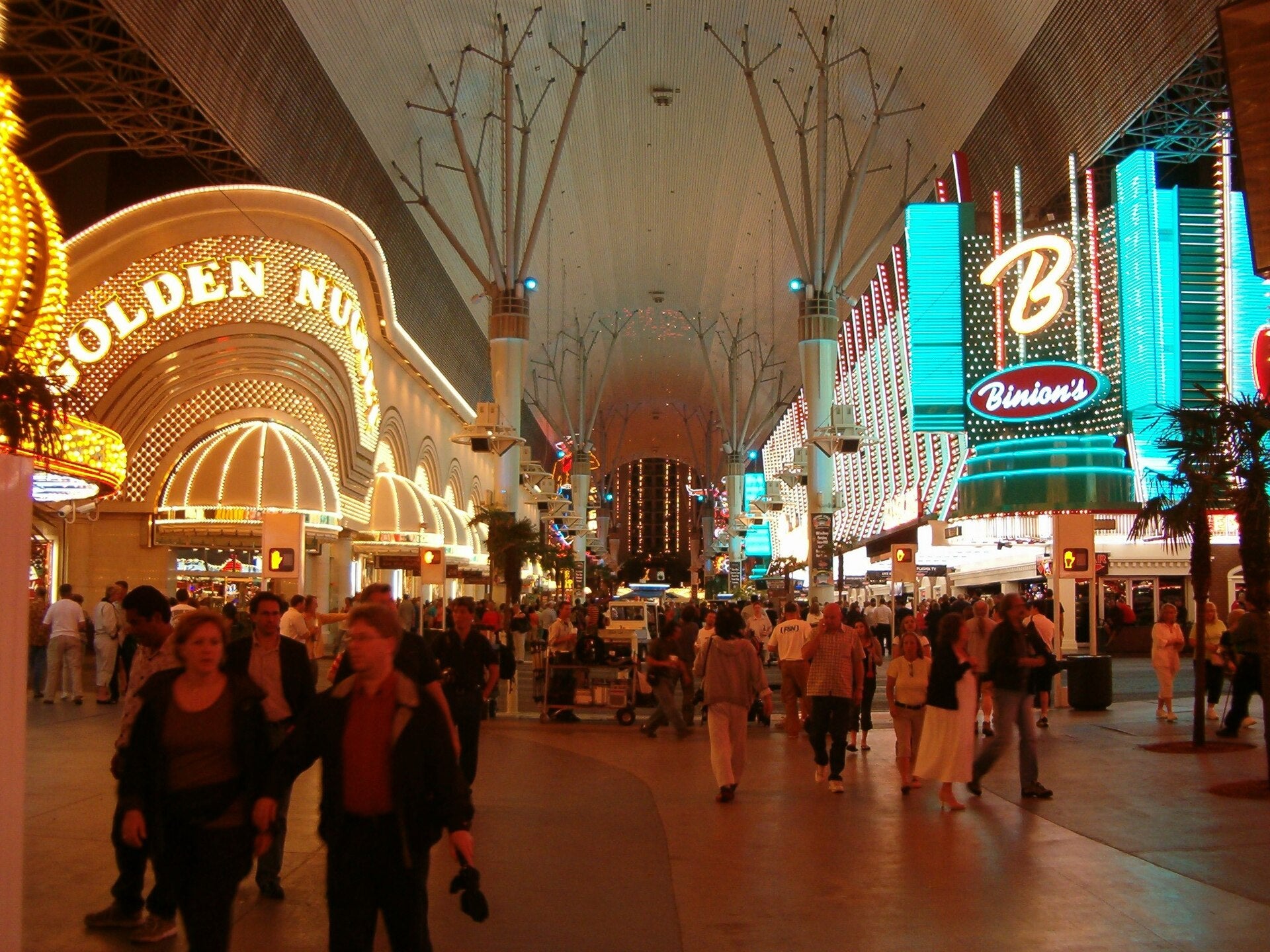 Golden Nugget and Binion's signs light up the Fremont Street Experience in downtown Las Vegas