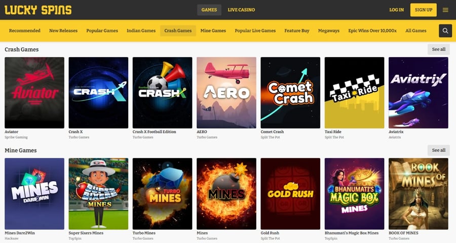 Crash ang Mine Games Section of Lucky Spins Casino